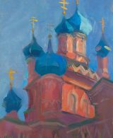Pink orthodox church with blue domes painting