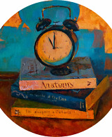 Still life with books and a vintage clock, painted with oil