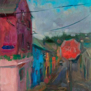 A street lined with charming, colorful houses, painted with oil on canvas