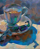 A cup of coffee with candies in the sunlight, painted with oil on canvas