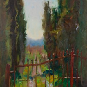 Oil painting of a cypress alley and a red fence