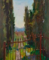 Oil painting of a cypress alley and a red fence