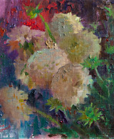 Oil painting of white Dahlia flowers on blue and red background