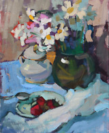 Still life painting of daisies, strawberries and a sugar bowl