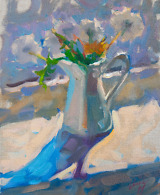 Sunlit dandelions resting on a windowsill, painted with oil on canvas
