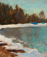 Landscape painting of a river in early spring with snow and ice