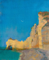 Oil painting of cliffs in Etretat in yellow and blue colors
