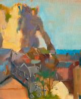 Cliff in Etretat, France, with rooftops in front. Painted with oil on canvas