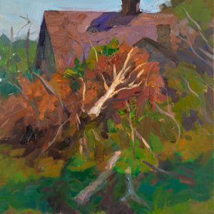 Painting of fallen trees after the storm and a house