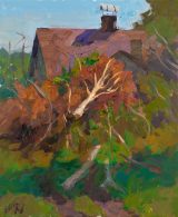 Painting of fallen trees after the storm and a house