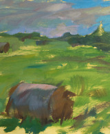 Landscape painting of a green field with hay bales
