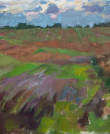 Landscape painting of a field disappearing into the distance