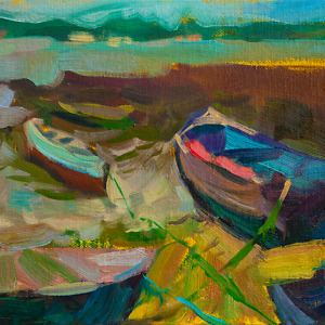 Picturesque fishing harbor scene, oil painting