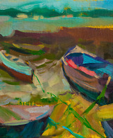 Picturesque fishing harbor scene, oil painting