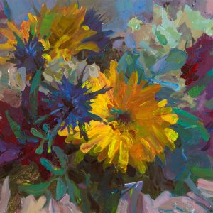 Expressive semi-abstract painting of a flower bouquet in yellow and blue tones