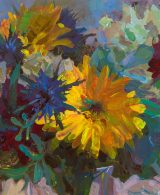 Expressive semi-abstract painting of a flower bouquet in yellow and blue tones