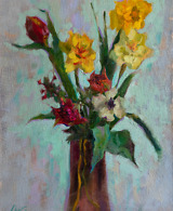 A bouquet of assorted flowers displayed against a serene green and purple background