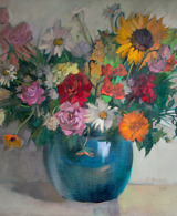 Bouquet of colourful flowers in an emerald vase painted on a light grey background