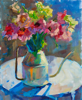 Artwork depicting flowers in a watering can, painted with oil on canvas