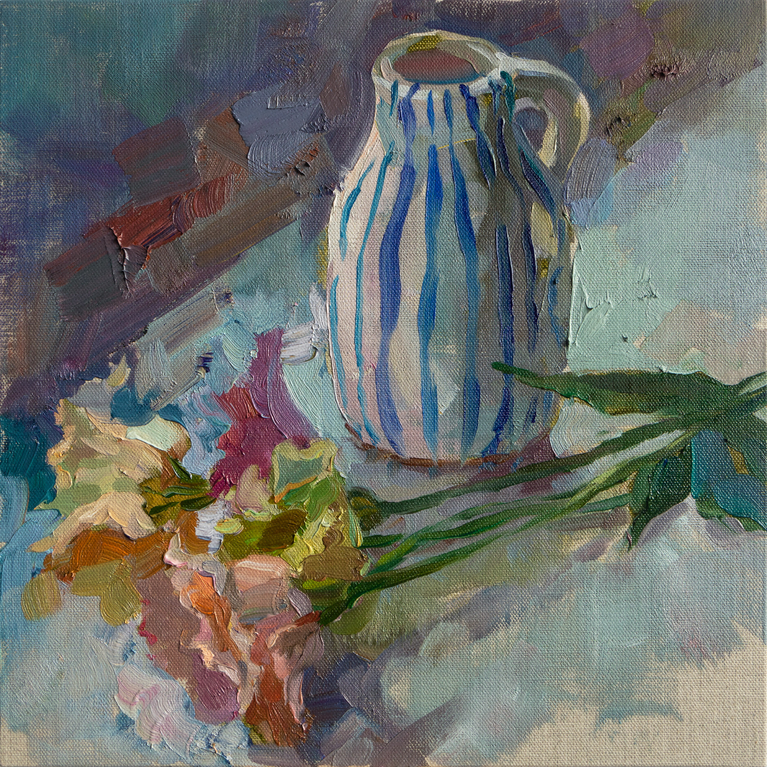 Still life painting of flowers and an empty vase in cool tones
