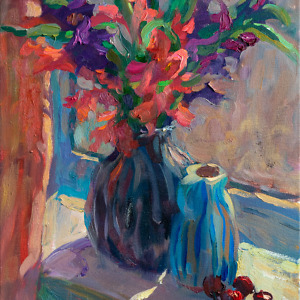 Oil painting with flowers and cherries on the windowsill, illuminated by sunlight