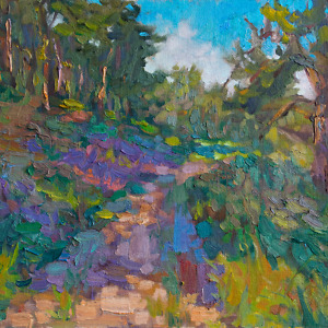 Forest trail adorned with blooming heather flowers, painted with oil on canvas