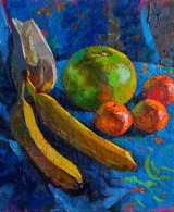 Still life painting with fruit and a ceramic creamer on a bright blue background