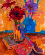 Oil painting of Gerbera flowers and books in vivid colors