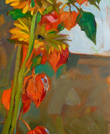 Oil painting of gerbera flowers and physalis plant