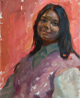 Portrait painting of a young woman on a pink background, smiling softly