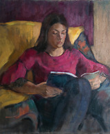 Portrait painting of a girl reading a book
