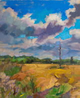 Landscape painting of a golden field and blue sky with clouds