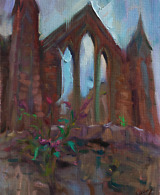 A gothic abbey captured in an en plein air painting, depicting the architectural details of the abbey against the sky