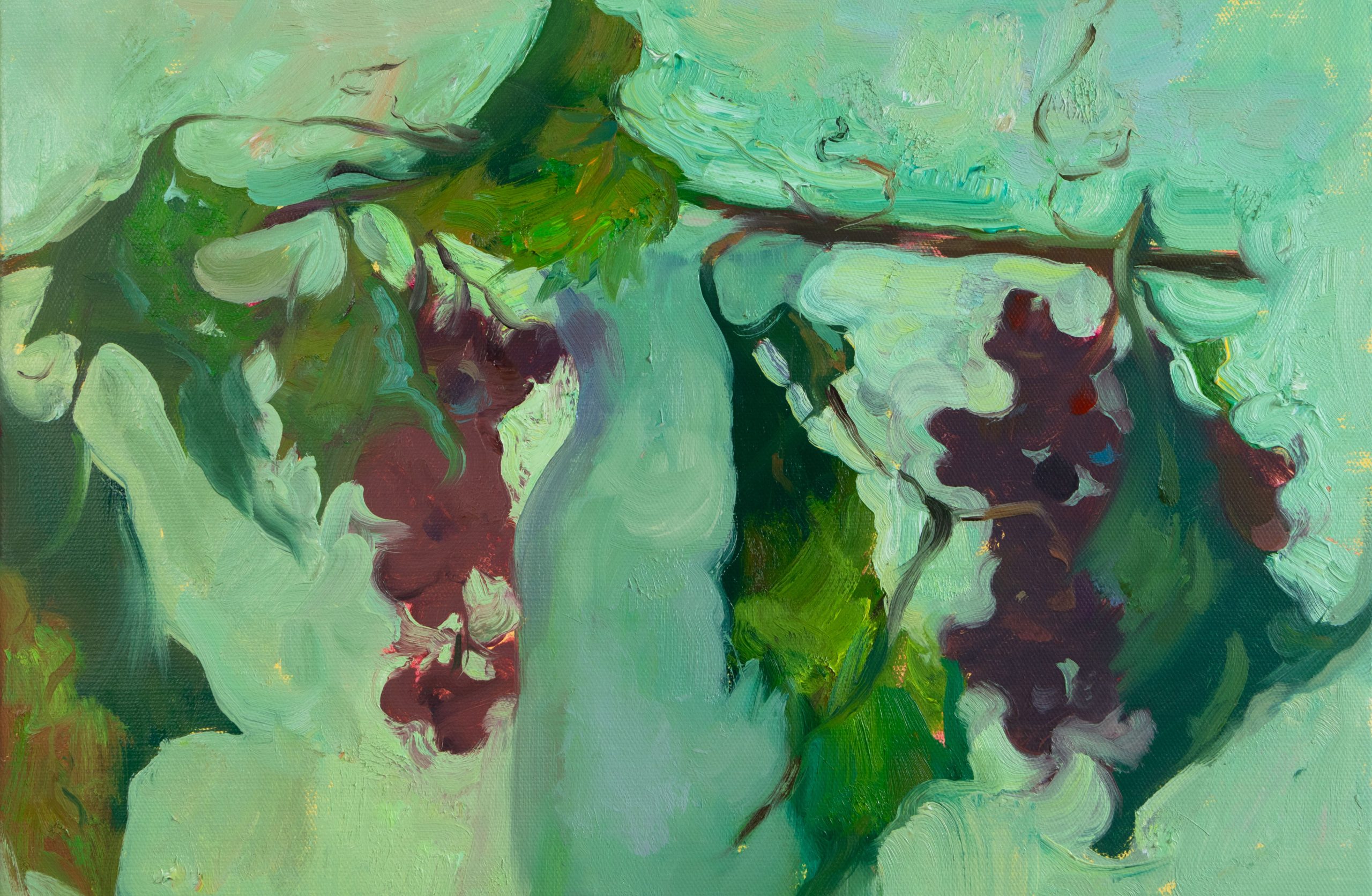 Impressionistic oil painting of grapes in green tones