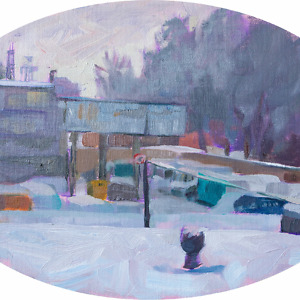 Industrial landscape in winter, painted with oil