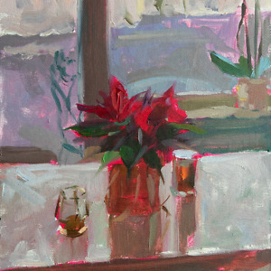 Oil painting of part of a room with a Christmas flower and candles on the table and snowy weather outside seen through the window