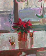 Oil painting of part of a room with a Christmas flower and candles on the table and snowy weather outside seen through the window