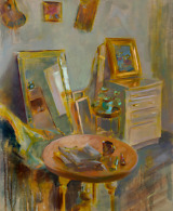 Interior painting of artist's studio in green and yellow tones
