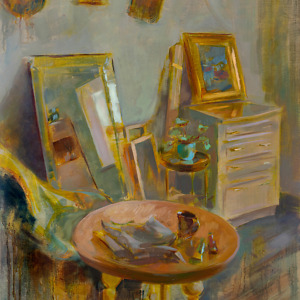Interior painting of artist's studio in green and yellow tones