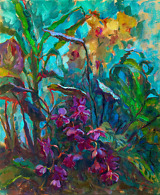 Oil painting of a jungle with orchid flowers in green and blue colors
