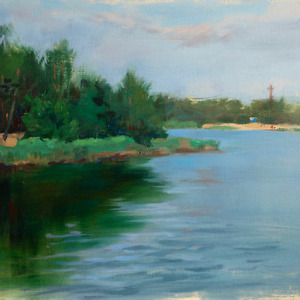 Trees and reflection at the lake, painted with oil
