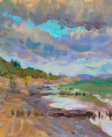 Impressionistic painting portraying the sea with billowing clouds above