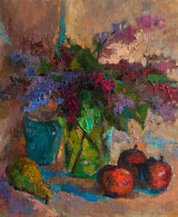 Still life with lilac and fruit painted with oil