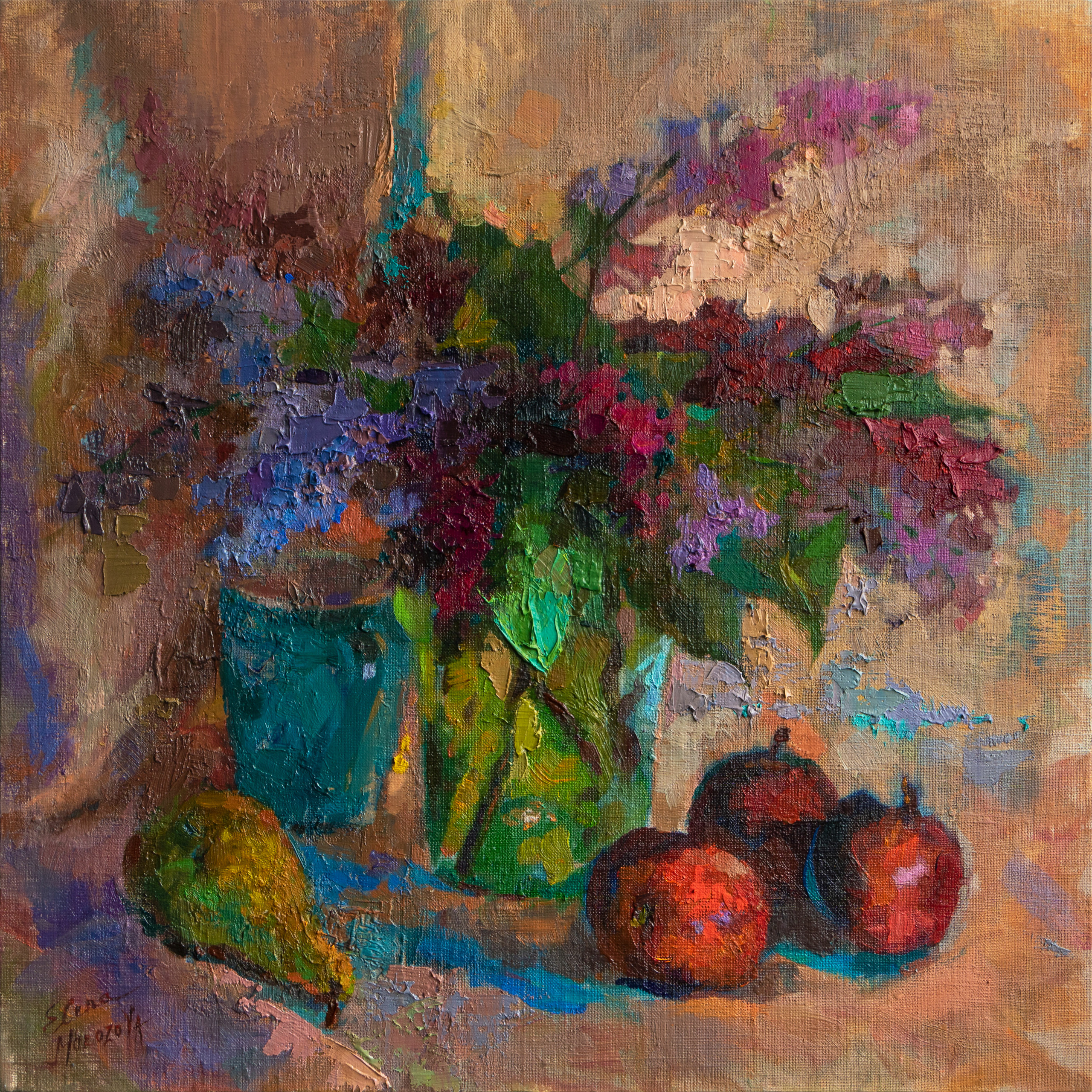 Still life with lilac and fruit painted with oil