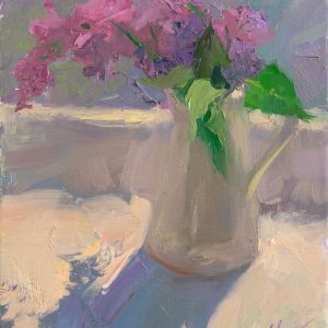 Impressionistic still life painting of lilac in the sunlight in soft purple tones