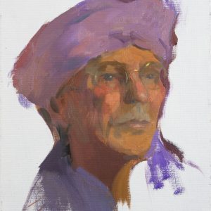 Oil portrait painting of s man in light purple head dress