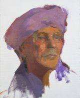 Oil portrait painting of s man in light purple head dress