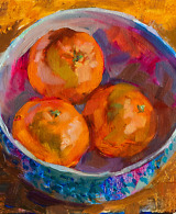 Oil painting of three mandarins in a blue bowl