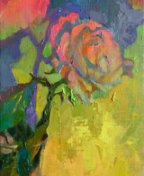 A rose in a colourful light with bold shadows, painted with oil