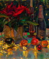 Still life painting with Christmas ornaments and lights, mandarins, champagne, Poinsettia plant, a candle and a Christmas tree in the background